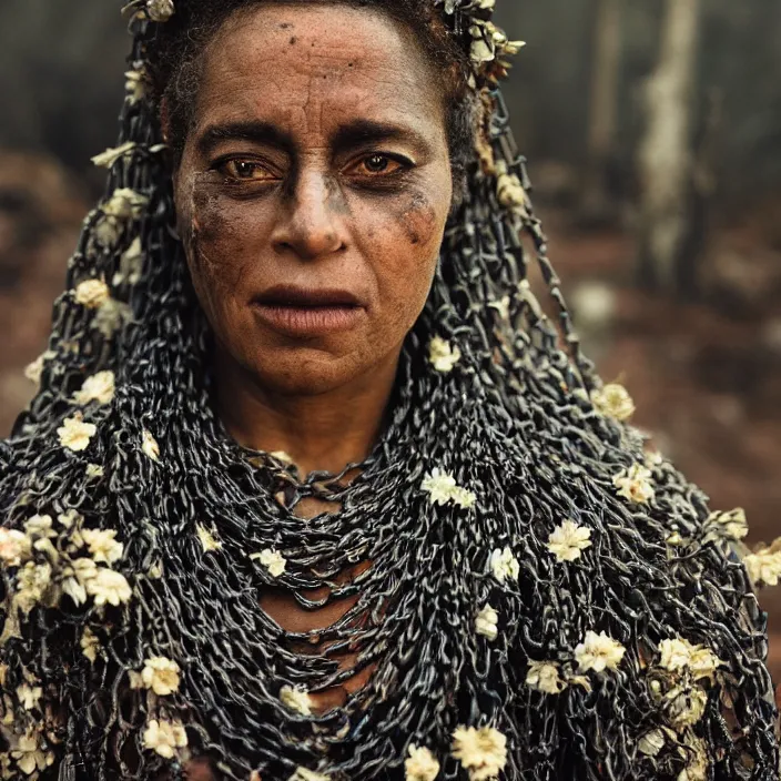 Prompt: closeup portrait of a woman wearing a cloak made of chains and flowers in a charred, burnt forest, by Annie Leibovitz and Steve McCurry, natural light, detailed face, CANON Eos C300, ƒ1.8, 35mm, 8K, medium-format print