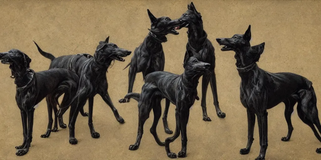 Prompt: a pack of black greyhounds, by nicola samori and phil hale