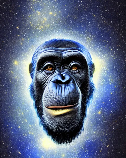 Image similar to blue, gold, very detailed high resolution illustration portrait of a chimpanzee head floating in space, backlit, night covered in stars, 3 d, 8 k, extremely detailed, artstation, award winning, sharp focus, illustration