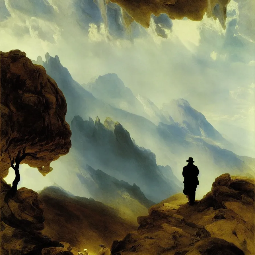 Image similar to artwork about a lonely man walking deserted hills serpenting in the distance, painted by thomas moran and albert bierstadt. monochrome color scheme.