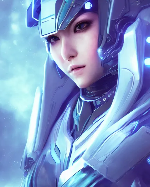 Image similar to perfect android girl on a mothership, warframe armor, beautiful face, scifi, futuristic, galaxy, nebula, raytracing, dreamy, long white hair, blue cyborg eyes, sharp focus, cinematic lighting, highly detailed, artstation, divine, by gauthier leblanc, kazuya takahashi, huifeng huang