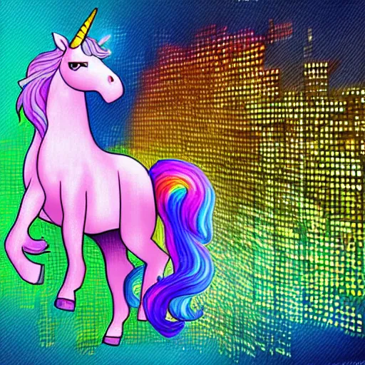 Image similar to a unicorn hacking a computer, digital art