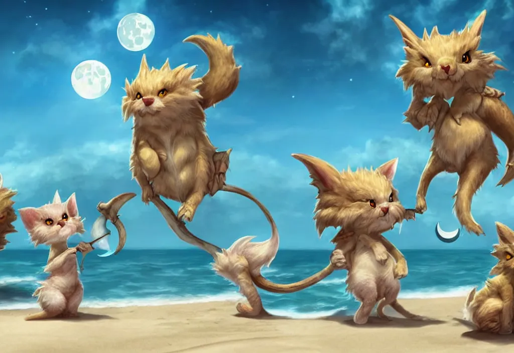 Prompt: cute fantasy critters at a beach looking at the moon, ultra realistic, concept art, highly detailed