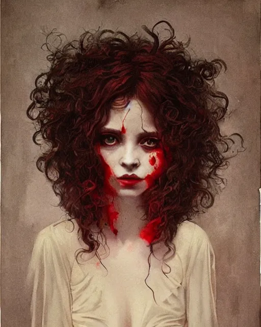 Image similar to a beautiful but sinister girl in layers of fear, with haunted eyes and curly hair, 1 9 7 0 s, seventies, delicate embellishments, a little blood, crimson, painterly, offset printing technique, by alexandre cabanel