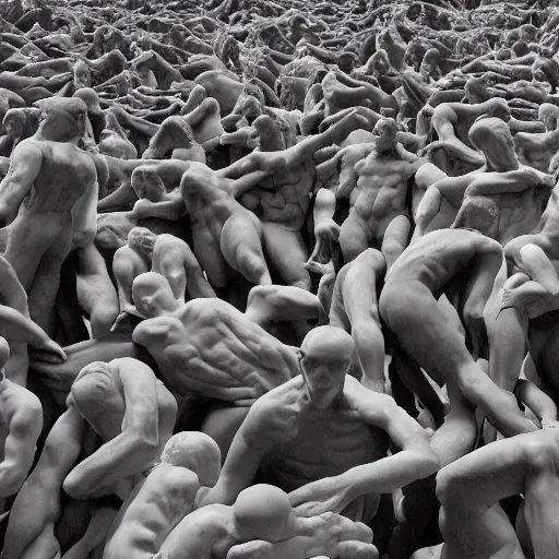 Image similar to hundreds of humans. A sea of humans. interconnected flesh. Crowdcrush. Many humans intertwined and woven together. Bodies and forms amesh. Sculpture by Auguste Rodin.