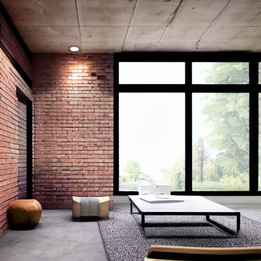 Image similar to hyper realistic one point perspective of living room, wood, concrete, brick