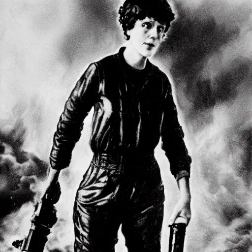 Image similar to old black and white photo, 1 9 1 3, depicting ellen ripley carrying a flamethrower, historical record