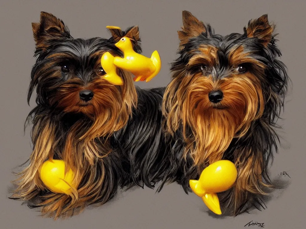 Image similar to portrait of a black and caramel Yorkshire Terrier, playing with a yellow rubber duck, D&D, fantasy, highly detailed, digital painting, artstation, concept art, smooth, sharp focus, illustration, art by artgerm and greg rutkowski and alphonse mucha