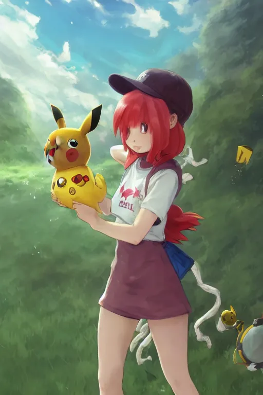 Prompt: highly detailed portrait of a pokemon trainer girl with a wavy vibrant red hair, holding a pikachu in her arms, pikachu, pikachu, pokemon cap, pokemon trainer outfit, cinematic lighting, by dustin nguyen, akihiko yoshida, greg tocchini, greg rutkowski, cliff chiang, 4 k resolution, nier : automata inspired, bravely default inspired, natural grassy background
