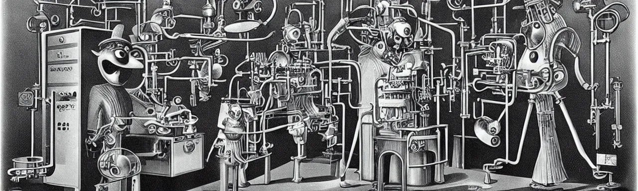 Image similar to an anthropomorphic factory machine with a grinning face by boris artzybasheff