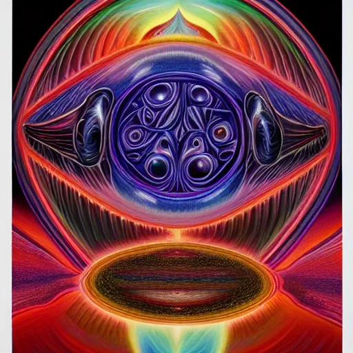 Image similar to black void surrounding visions of the future by alex grey, award - winning, digital painting, hyperdetailed, cosmic