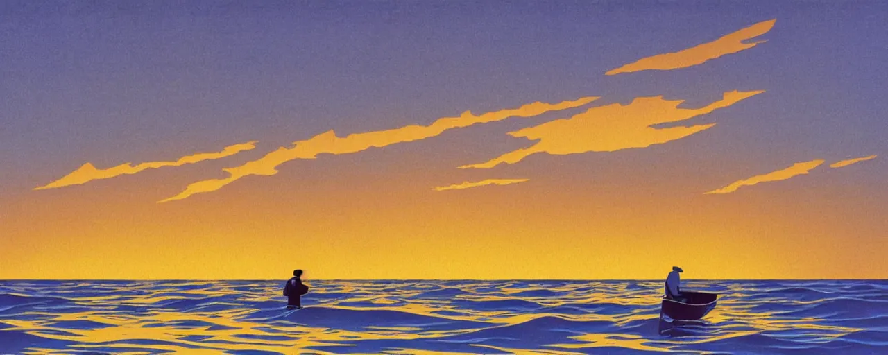 Image similar to fisherman fishing at sea, golden hour, hiroshi nagai