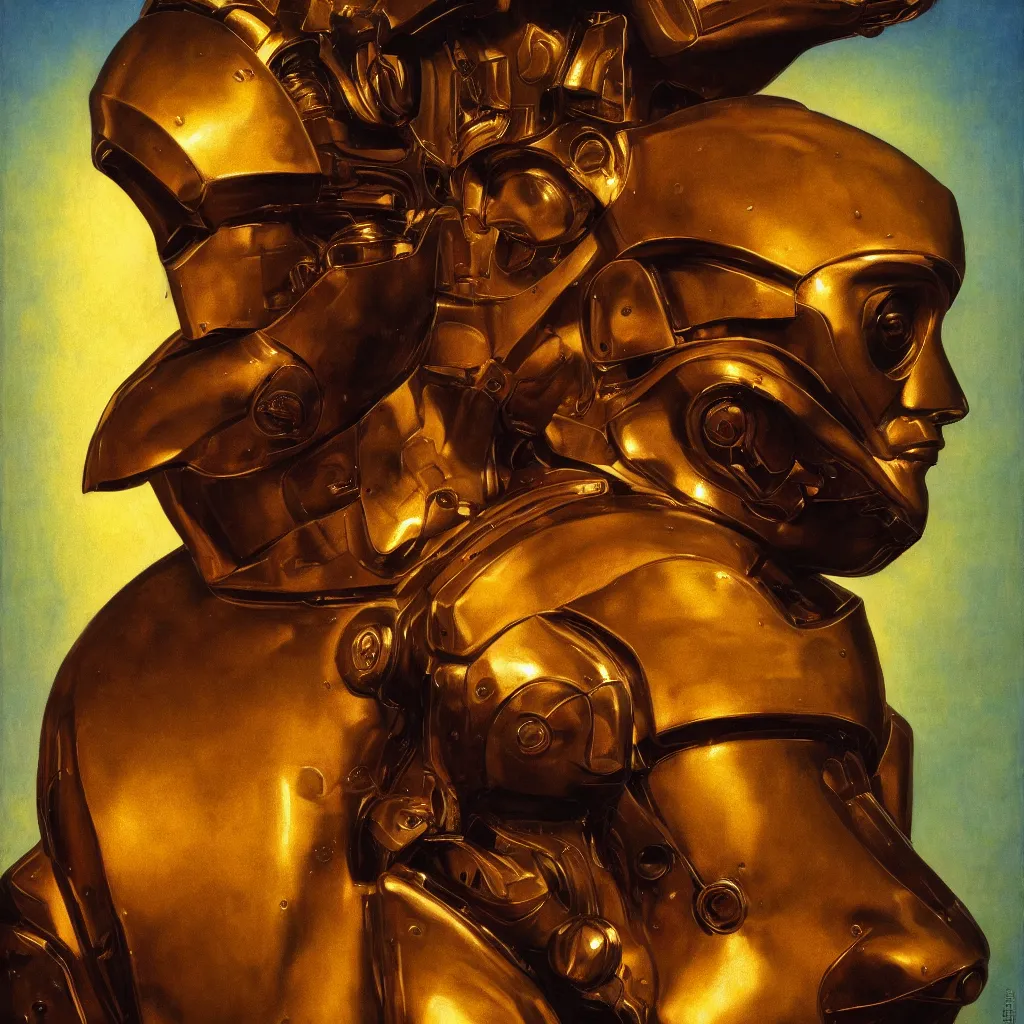 Image similar to cinematic bust portrait of futuristic god robot, part by Norman Rockwell, part by maxfield parrish, detailed,chiaroscuro, oil on canvas, HD, HDR, 4K, 8K , nice colors