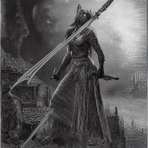 Prompt: purple catgirl with magic sword. by Gustave Dore