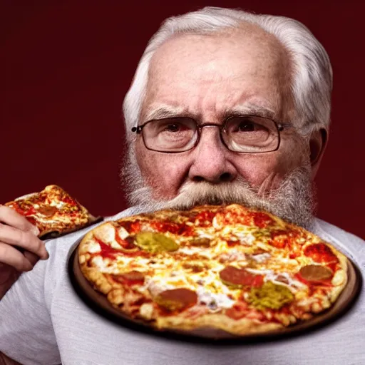 Image similar to of a realistic portrait of an old man, with short beard, very mess hair, sitting in a cough upfront of tv, crashed pop can and empty pizza boxes all over. volumetric light. high resolution. very high details.