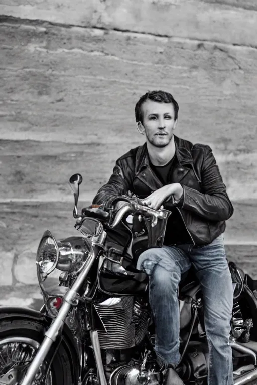 Image similar to a portrait of a handsome man in a motorcycle