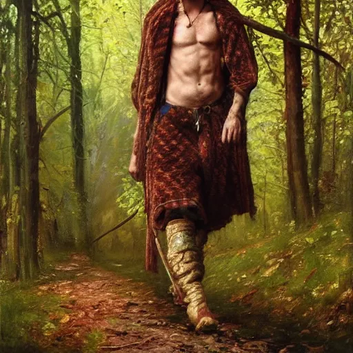 Prompt: Slavic dog head man, woolen torso in medieval clothes, walking in the forest, Orthodox Saint Christopher, oil painting, painting by Viktor Vasnetsov, concept art, hyperrealism, beautiful, high resolution, trending on artstation, by Luis Royo