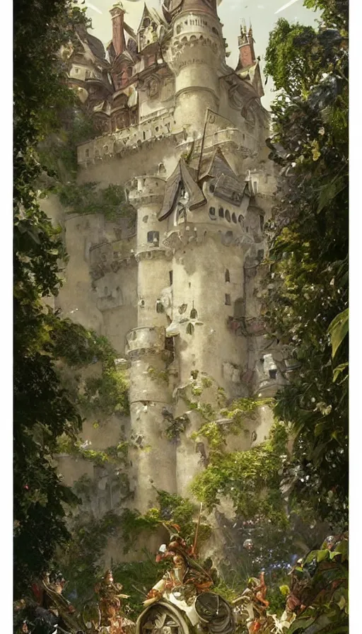 Image similar to castle being sieged by huge army, design on white background, beautiful details, lush foliage, drawn by karl kopinski, john singer sargent, tom bagshaw, norman rockwell, alphonso mucha, lolish, trending on artstation