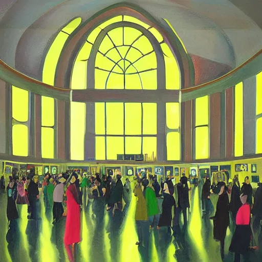 Image similar to A beautiful painting of a large room with many people in it. There is a lot of activity going on, with people talking and moving around. The room is ornately decorated and there is a large window at one end. cyber noir, lime green by Taiyō Matsumoto AWESOME, elegant