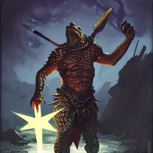 Prompt: a crocodile warrior holds a morning star and a shield, by greg rutkowski, magic the gathering,