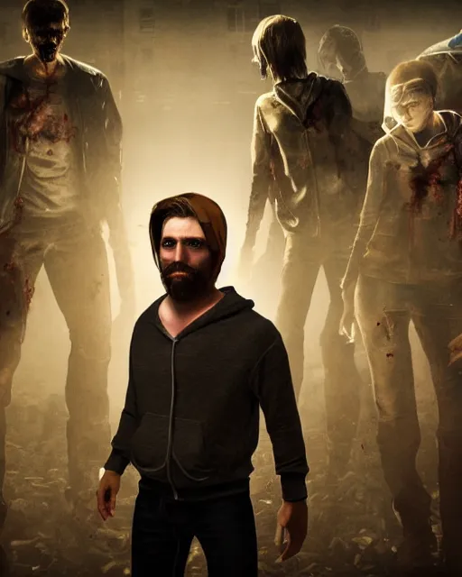 Prompt: A hyperrealistic medium photo of a heroic hipster man wearing a hoodie standing in a large room, who is surrounded by a horde of zombie monsters wearing business suits, resident evil, cinematic