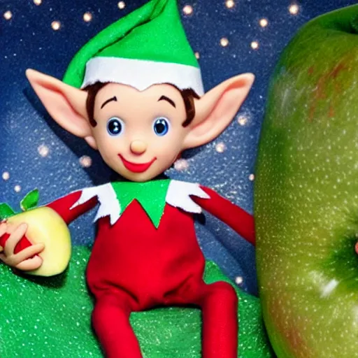 Image similar to a friendly elf eating an apple in the womb.