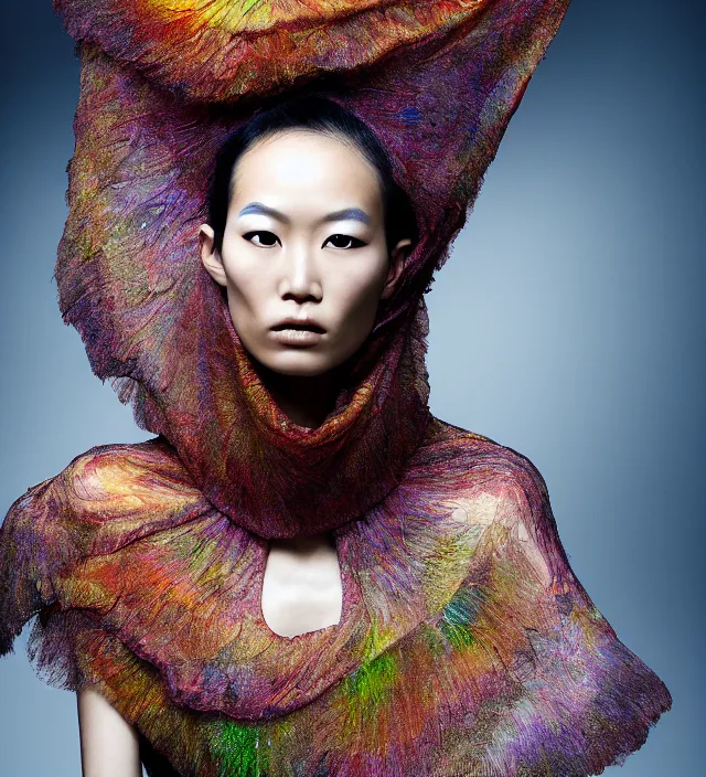 Image similar to photography face portrait of one female asian fashion model in rainforest, wearing one organic futurist shawl designed by iris van herpen,, creative colorfull - makeup, curly hair style half _ long, photography by paolo roversi nick knight, helmut newton, avedon, and araki, sky forest background, natural pose, highly detailed, skin grain detail