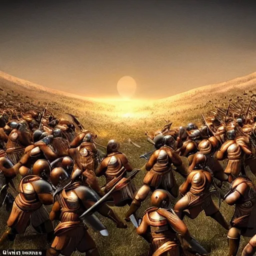 Image similar to the 5 0 0 undefeatable spartans clashing in a deep valley against the vast armies of the middle east while a solar eclispe is occuring