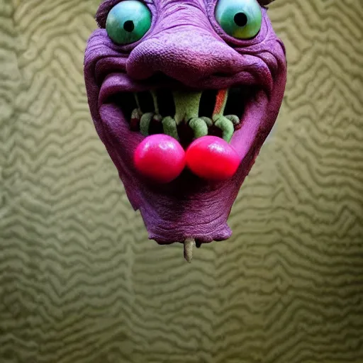Prompt: worm monster with a clown head, realistic,