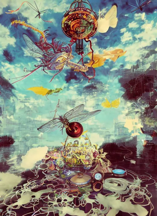 Prompt: surreal gouache painting, by yoshitaka amano, by ruan jia, by Conrad roset, by good smile company, detailed anime 3d render of a magical Vinyl Discos flying, DJ Mixer, deck surrounded by Dragonfly ,flying discos , controller, portrait, cgsociety, artstation, rococo mechanical and Digital and electronic, dieselpunk atmosphere