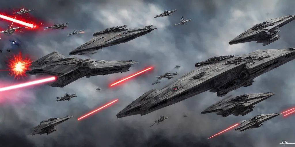 Prompt: Star Wars vs the US Air Force, fighting, planes, battlefield, trending on art station, epic battle, intense battle, large scale battle, Star War Army, United States Air Force , infantry, 8k