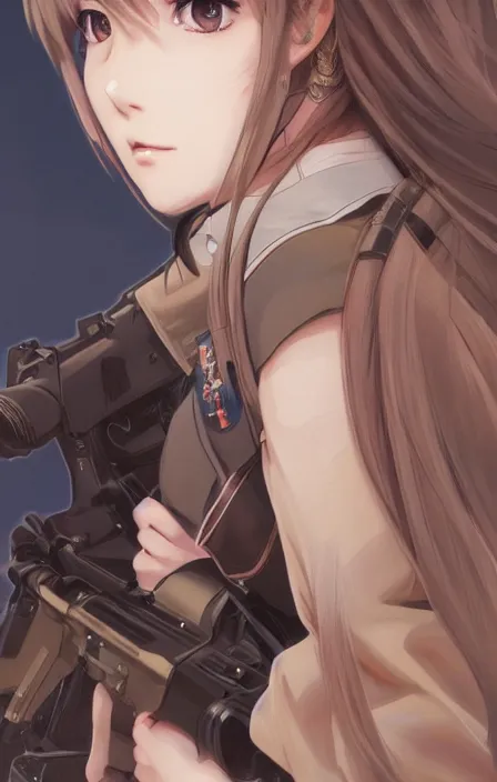 Image similar to infantry girl, anime style, long hair, hair down, symmetrical facial features, from girls frontline, hyper realistic, pale skin, 4 k, rule of thirds, extreme detail, detailed drawing, trending artstation, hd, special forces, trading card, by alphonse mucha, greg rutkowski, sharp focus, backlit