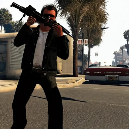 Image similar to extremely cool looking quentin tarantino in the game'gta v '. he shoots at civilians. highly detailed.