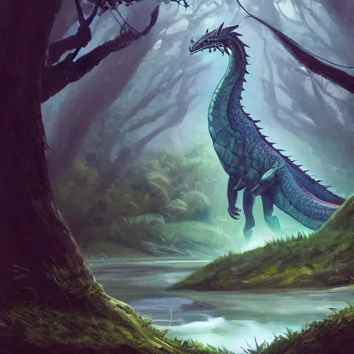 Image similar to a gargantuan dragon idly standing in a forest, peacefully drinking river water, trending on artstation, digital art, 4 k quality