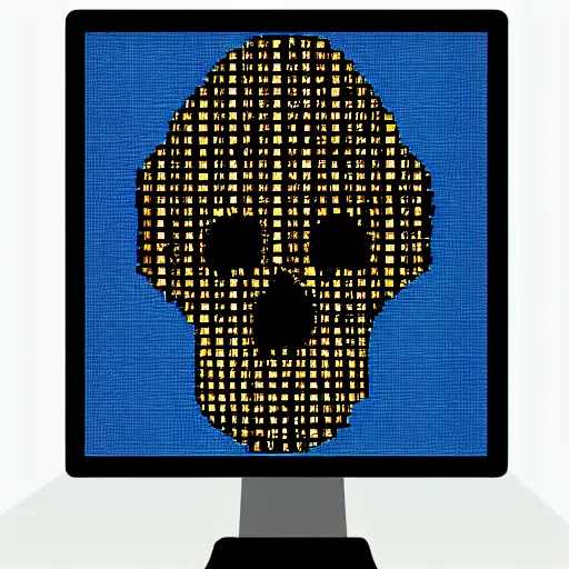 Prompt: evil skull made out of binary code, on computer screen, old computer