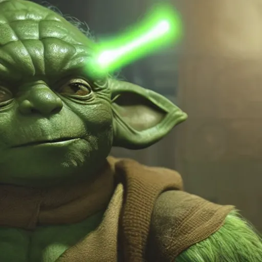 Image similar to yoda as the hulk the hulk in gears of war, splash art, movie still, cinematic lighting, dramatic, octane render, long lens, shallow depth of field, bokeh, anamorphic lens flare, 8 k, hyper detailed, 3 5 mm film grain