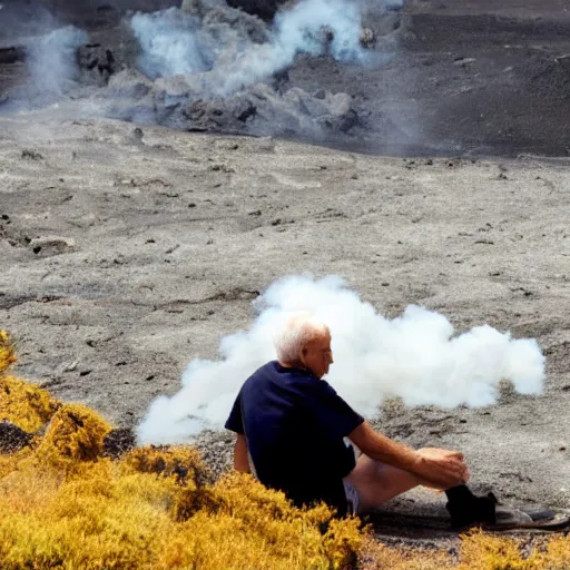 Image similar to old man sunbathing on a volcano, eruptions and lava on the ground, steam and thick sulfuric smoke, molten rocks, magma