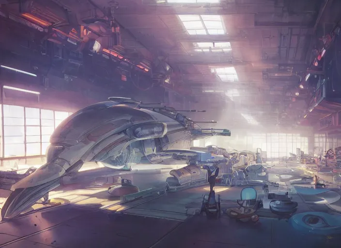 Prompt: low angle shot of a stretching on a mechanics workbench in a spaceport in a space opera studio ghibli animated film, volumetric lighting, octane render by anime, stanley artgerm lau, greg rutkowski, thomas kindkade, alphonse mucha, loish, norman rockwel, highly detailed