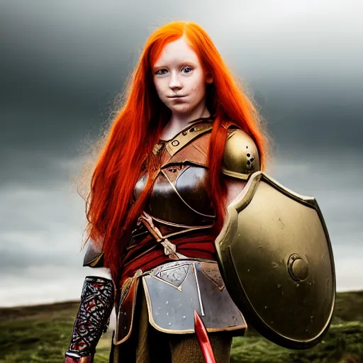 Image similar to north girl, adult, warrior, red hair, ginger hair, fantasy, high detailed, photography, cloudy, lightweight armor, Scandinavia, plain, Authentic, detailed face, cute face, spear in hand