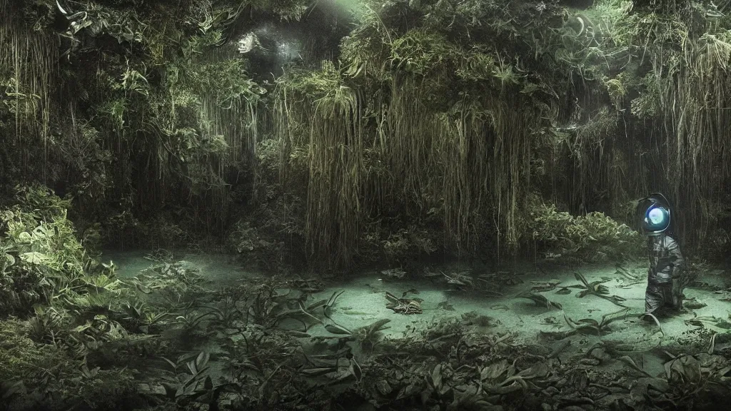 Prompt: Matte Painting of an astronaut in an empty dark flooded ballroom overgrown with aquatic plants, film still from the movie directed by Denis Villeneuve with art direction by Salvador Dalí, wide lens, dark and foreboding.