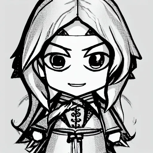 Image similar to line drawing of face detailing wizard in the style of matte painting nendoroid and chibi, eyes in the style of nendoroid, middle close up