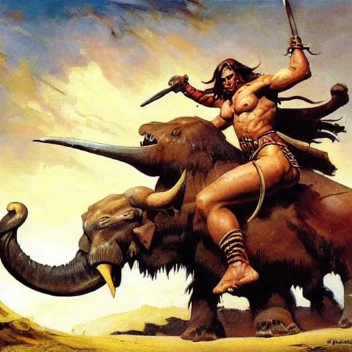 Image similar to a warrior fighting a mammoth to pretotect a girl, detailed oil painting by Frank Frazetta