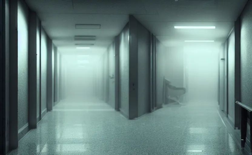 Image similar to hspital hallway, gloomy and foggy atmosphere, octane render, artstation trending, horror scene, highly detailded