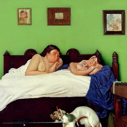 Prompt: two women sleeping in a white bed with green bedsheets in a room with light green walls, two women try to sleep while an anxious chihuahua floats above them, detailed oil painting, in the style of Norman Rockwell