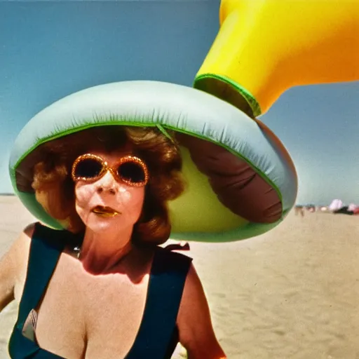 Image similar to 1976 middle aged woman wearing a transluscent inflatable toy head at the seaside 1976 French film archival footage technicolor film expired film 16mm Fellini new wave John Waters