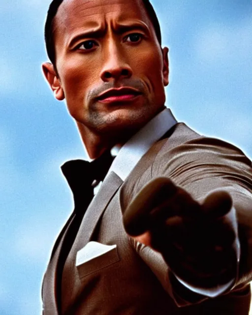 Image similar to Film still close-up shot of Dwayne Johnson as James Bond from the movie Goldeneye. Photographic, photography