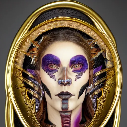 Image similar to an award finning closeup facial portrait by luis rogyo and john howe of a bohemian female cyberpunk traveller clothed in excessively fashionable 8 0 s haute couture fashion and wearing ornate art nouveau body paint