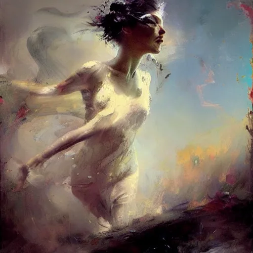 Image similar to painting of a beautiful surreal goddess, dancing on a cloud, by Jeremy Mann and Jason Jenicke, detailed, stylized, loose brush strokes, intricate, realistic, exaggerated lighting, sense of scale, sensual