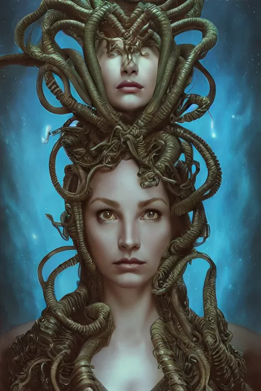 Image similar to harryhausen medusa, photo, portrait, intricate details, by vincent di fate, artgerm, julie bell, beeple, Alphonse mucha, and Greg Rutkowski, 90s, Smooth gradients, octane render, 8k, High contrast, duo tone, depth of field, very coherent symmetrical artwork