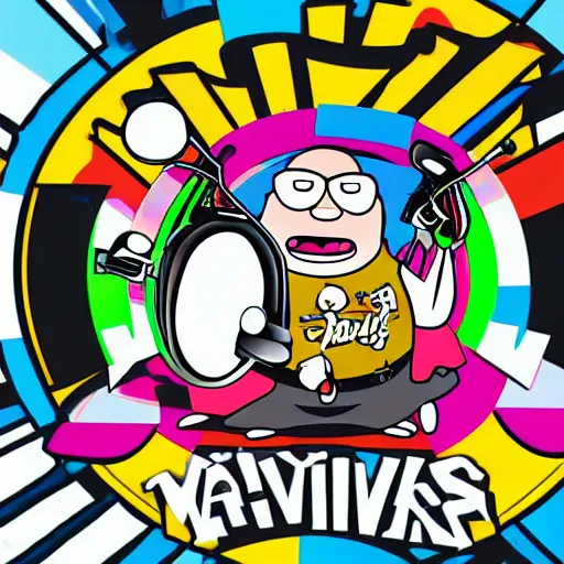 Image similar to svg sticker of a Family-Guy Peter-Griffin at a rave, spinning records, giant headphones rocking out, wearing headphones, huge speakers, dancing, rave, DJ, spinning records, digital art, amazing composition, rule-of-thirds, award-winning, trending on artstation, featured on deviantart